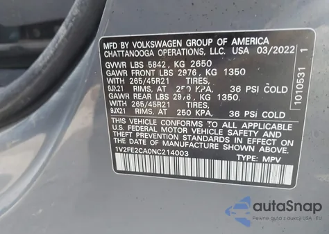 2022 Volkswagen Atlas Cross Sport 3.6L V6 Sel Premium R-Line z USA, uszkodzony, nr VIN 1V2FE2CA0NC214003